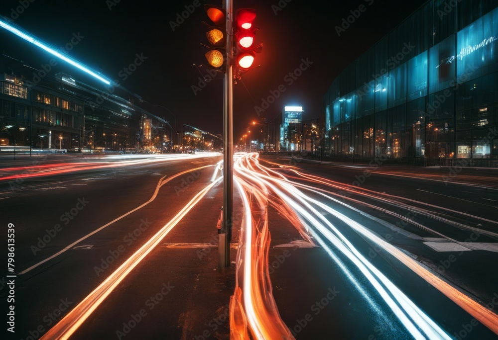 Wall mural 'traffic urban trails light motion effect road moving background abstract night midnight car exposure concept tied-up rush hour speed highway landscape beam rushing fast'