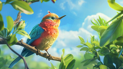 Bird Emoji A colorful bird perched on a tree branch chirping joyfully against a backdrop of lush foliage and blue sky. - obrazy, fototapety, plakaty