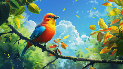 Bird Emoji A colorful bird perched on a tree branch chirping joyfully against a backdrop of lush foliage and blue sky.