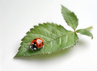 Fototapeta premium A single green leaf with an isolated ladybug on it, against a white background
