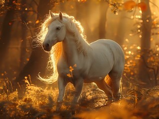 Majestic White Horse in Radiant Sunset Scene