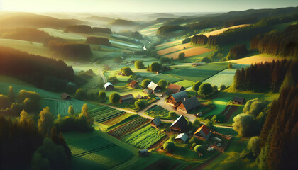 Tranquil Rural Landscapes: Aerial Views Embracing the Beauty of Countryside Living - obrazy, fototapety, plakaty
