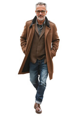 Stylish Older Man in Coat and Jeans Striding Forward