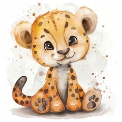 A cute cartoon baby cheetah sitting down with a happy expression on its face and a watercolor background - obrazy, fototapety, plakaty
