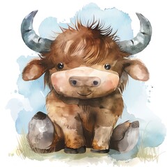 A cute cartoon highland cow sitting down and looking at the viewer with a happy expression on its face - obrazy, fototapety, plakaty