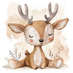 A cute cartoon deer with big antlers is sitting with its eyes closed - obrazy, fototapety, plakaty