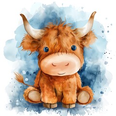 A cute cartoon highland cow with blue eyes sitting down against a blue watercolor background - obrazy, fototapety, plakaty