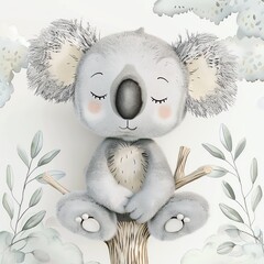 A cute cartoon koala is sitting on a branch with a serene expression on its face. The background is a soft grey with a subtle leaf pattern. - obrazy, fototapety, plakaty