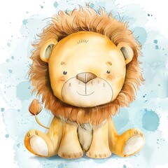 A cute cartoon lion, with a watercolor background - obrazy, fototapety, plakaty
