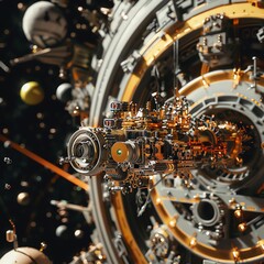 Close-up of an orbital cannon's firing mechanism in orbit, intricate engineering details, surrounded by satellites and debris