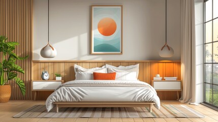 Interior Design: A vector illustration of a minimalist bedroom with a bed, bedside tables, and simple decor - obrazy, fototapety, plakaty