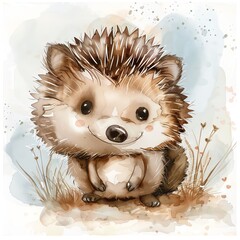 A cute watercolor illustration of a baby hedgehog - obrazy, fototapety, plakaty