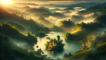 Tranquil Retreats: Aerial Views of Peaceful Landscapes for Wellness and Meditation Centers - obrazy, fototapety, plakaty