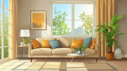 Interior Design: A vector illustration of a modern living room with stylish furniture and decorative elements - obrazy, fototapety, plakaty
