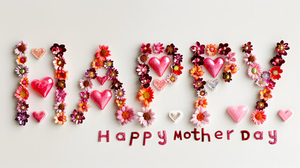 Happy MOM! in pink flower letters in the modern font on a plain white background. Mother's Day concepts.