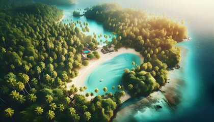 Stunning Aerial Views of Tropical Paradise: Palm Fringed Beaches and Lush Rainforests - obrazy, fototapety, plakaty
