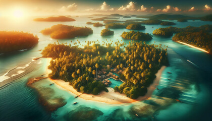 Enchanting Aerial Tropical Paradise: Palm Fringed Beaches & Lush Rainforests - obrazy, fototapety, plakaty