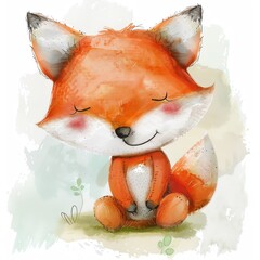 A cute watercolor illustration of a fox sitting down and smiling. - obrazy, fototapety, plakaty