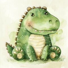 A cute watercolor illustration of a green dinosaur smiling. - obrazy, fototapety, plakaty