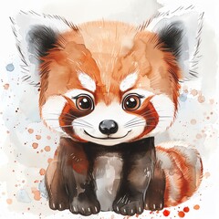 A cute watercolor painting of a red panda, with big eyes and a fluffy tail. - obrazy, fototapety, plakaty