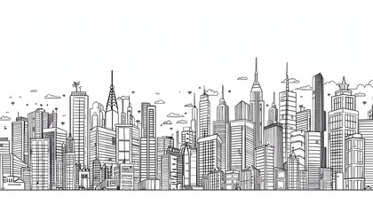 A black and white line drawing of a cityscape.