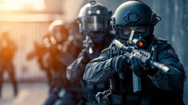 .A photograph featuring a police SWAT team engaged in training exercises