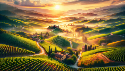 Vibrant Vineyard Aerial Perspective: Explore the Lush Colors and Beauty of Grapevines from Above. Perfect for Wine Industry Marketing, Vineyard Tours, and Wine Region Showcases. - obrazy, fototapety, plakaty