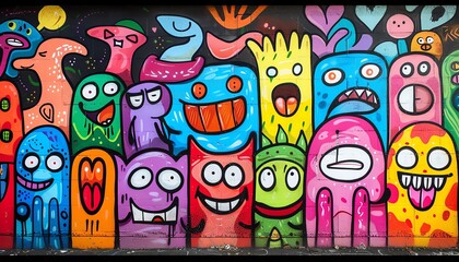 A graffiti of colorful cartoon characters on a brick wall.