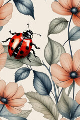 Spring or summer cutest card or poster with hand drawn ladybug on a wildflowers in watercolor style. - obrazy, fototapety, plakaty