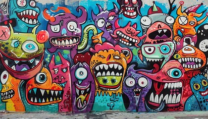 A graffiti of colorful cartoon monsters with big mouths and sharp teeth.