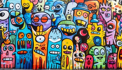 A graffiti wall filled with colorful cartoon characters.