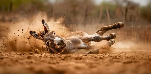 Joyful scene of a donkey rolling playfully in the dust.