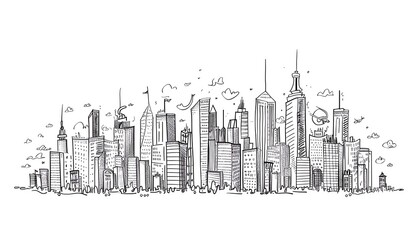 A simple line drawing of a cityscape with skyscrapers and clouds in the background.