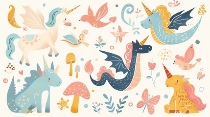 A vector illustration of a unicorn, a dragon, a gryphon, and other magical creatures.