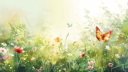 Obraz premium A watercolor painting of butterflies and wildflowers