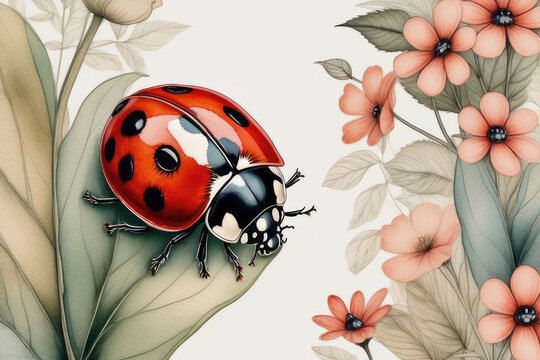 Spring or summer cutest card or poster with hand drawn ladybug on a wildflowers in watercolor style.