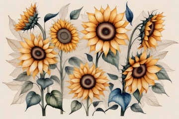 Watercolor composition collage of hand drawn nature motifs and cute sunflowers and leaves.