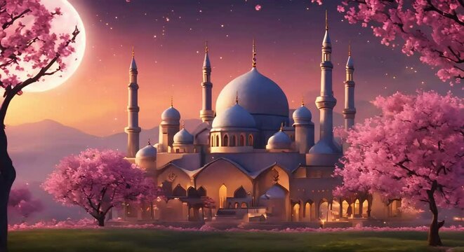 Illustration of a Mosque in a Fantasy World: Cherry Trees and Crescent Moon at Night. Ramadan Background. Seamless Looping Digital Painting 4K Animation
