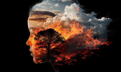 Profile woman  double exposure against the background of a nature disaster, Forest fire, volcano eruption. Environmental protection concept banner. International Mother Earth Day