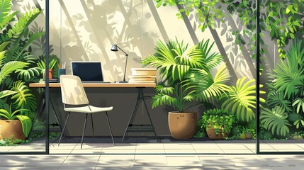 Outdoor Living: A Vector illustration featuring a modern outdoor workspace with a sleek desk, chair, and laptop