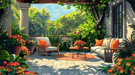 Obraz premium Outdoor Living: A Vector illustration depicting a cozy patio adorned with comfortable seating