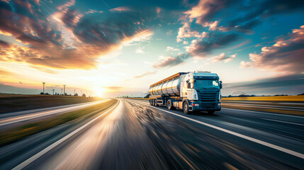 A tanker truck loaded with fuel cruises down the highway against a backdrop of a colorful sunset sky