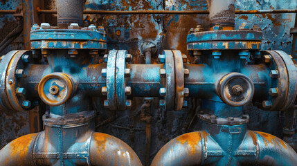 Obraz na płótnie Canvas Close up of two valves resting on a rusty surface, showcasing the industrial beauty of the worn metal pipes