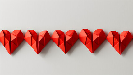 A collection of red origami hearts arranged in a row, creating a pattern