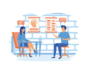 Male character at psychotherapist appointment. Psychologist talking to patient in cabinet. Health care, neurology and treatment concept. flat vector modern illustration