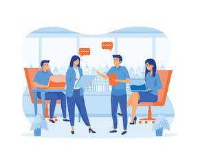 Work talk and discussion. People in office having business conversation with speech bubbles and digital devices in hands. flat vector modern illustration
