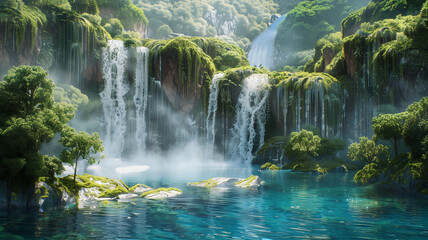 Fototapeta na wymiar A photorealistic image of a waterfall cascading down lush green cliffs into a blue pool