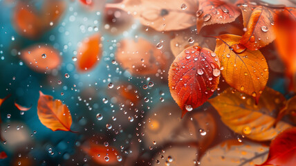 A photorealistic image of rain droplets falling on colorful autumn leaves