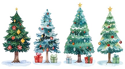  Set of Christmas tree with presents, watercolor cartoon illustration isolated on white background