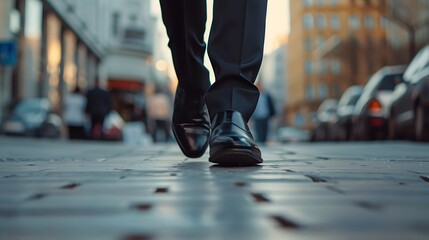 Fototapeta premium Businessman's Legs in Black Patent Shoes Walking in the City, Selective Focus on Legs